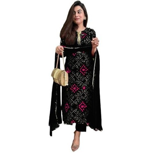 GoSriKi Women's Rayon Blend Straight Bandhej Printed Kurta with Pant & Dupatta (Turae Black-GS_L_Black_Large)