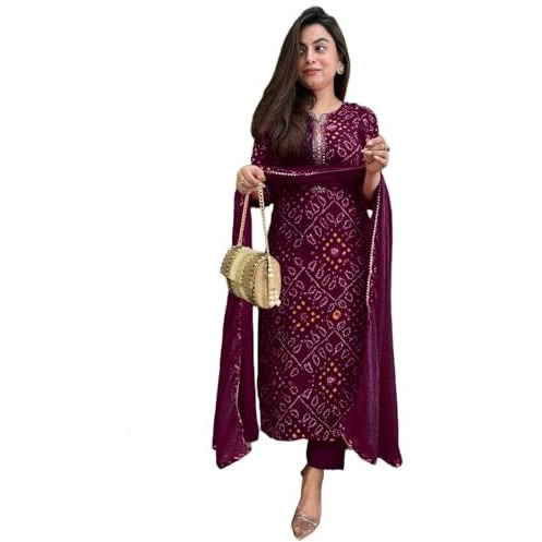 GoSriKi Women's Rayon Blend Straight Bandhej Printed Kurta with Pant & Dupatta (Turae Wine-GS_3XL_Wine_XXX-Large)