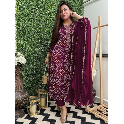 GoSriKi Women's Rayon Blend Straight Bandhej Printed Kurta with Pant & Dupatta (Turae Wine-GS_3XL_Wine_XXX-Large)