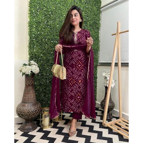 GoSriKi Women's Rayon Blend Straight Bandhej Printed Kurta with Pant & Dupatta (Turae Wine-GS_3XL_Wine_XXX-Large)