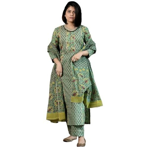 GoSriKi Women's Rayon Blend Straight Printed Kurta with Pant & Dupatta (SANGHVI GREEN-GS_3XL_Green_XXX-Large)