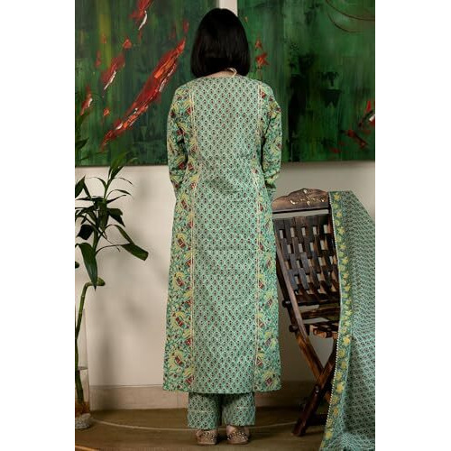 GoSriKi Women's Rayon Blend Straight Printed Kurta with Pant & Dupatta (SANGHVI GREEN-GS_3XL_Green_XXX-Large)
