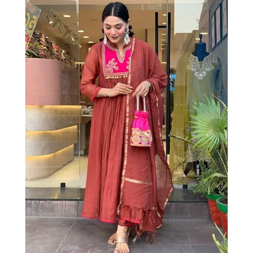 GoSriKi Women's Cotton Blend Embroidered Anarkali Kurta with Pant & Dupatta (BRICS Rust-GS_XL_Rust_X-Large)