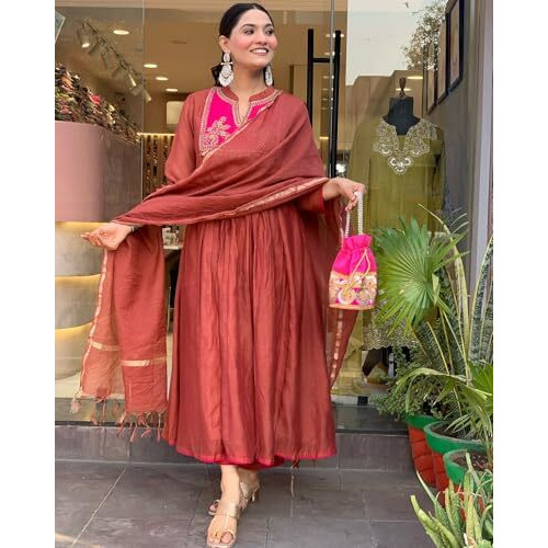 GoSriKi Women's Cotton Blend Embroidered Anarkali Kurta with Pant & Dupatta (BRICS Rust-GS_M_Rust_Medium)