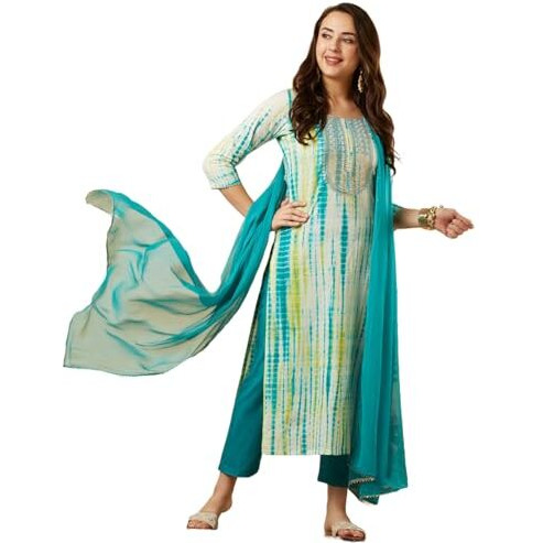 GoSriKi Women's Rayon Blend Straight Printed Kurta with Pant & Dupatta (Tiedye-RAMA Blue-NE-GS_3XL_Blue_XXX-Large)