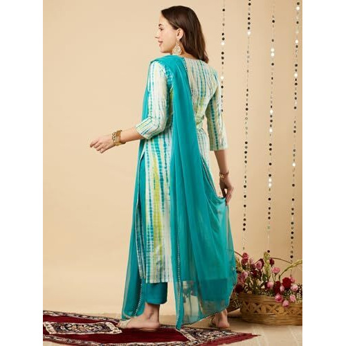 GoSriKi Women's Rayon Blend Straight Printed Kurta with Pant & Dupatta (Tiedye-RAMA Blue-NE-GS_3XL_Blue_XXX-Large)