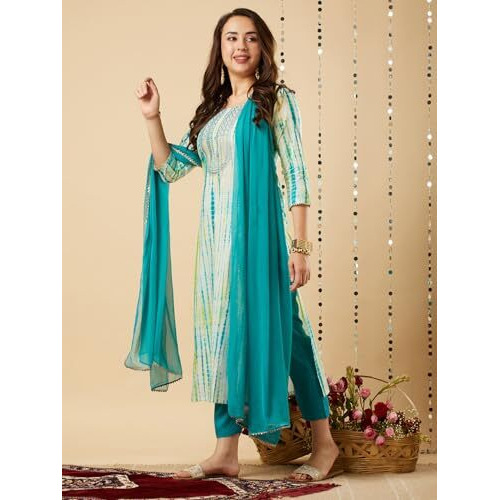 GoSriKi Women's Rayon Blend Straight Printed Kurta with Pant & Dupatta (Tiedye-RAMA Blue-NE-GS_3XL_Blue_XXX-Large)