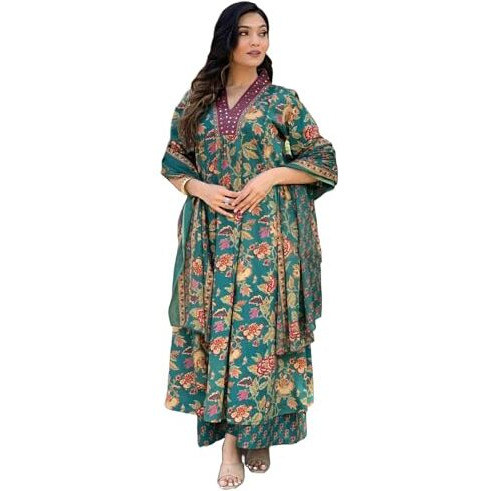 GoSriKi Women's Rayon Blend Anarkali Printed Kurta with Palazzo & Dupatta (CIA Green-GS_5XL_Green_XXXXX-Large)