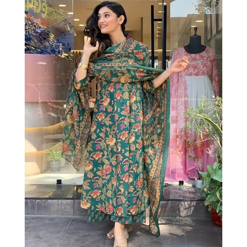 GoSriKi Women's Rayon Blend Anarkali Printed Kurta with Palazzo & Dupatta (CIA Green-GS_5XL_Green_XXXXX-Large)