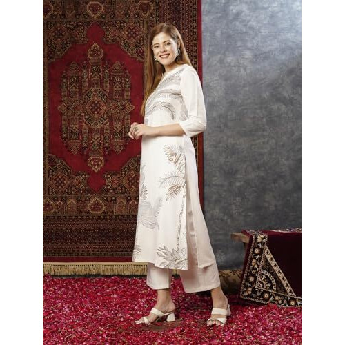 GoSriKi Women's Cotton Blend Straight Printed Kurta with Pant (Nenisha Cream-JL-GS_4XL_Cream_XXXX-Large)