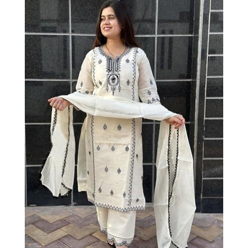 GoSriKi Women's Rayon Blend Straight Embroidered Kurta with Pant & Dupatta (DEVANAGRI White-GS_3XL_White_XXX-Large)