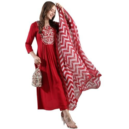GoSriKi Women's Rayon Blend Anarkali Embroidered Kurta with Pant & Dupatta (VARALAXMI RED-VKS02-GS_M_Red_Medium)