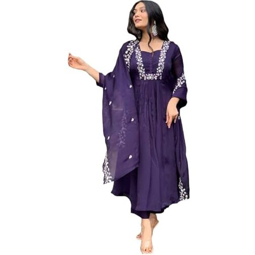 GoSriKi Women's Rayon Blend A-Line Printed Kurta with Pant & Dupatta (VANISRI BEGANI-GS_M_Begani_Medium)