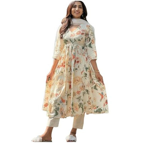 GoSriKi Women's Rayon Blend Printed Anarkali Kurta with Pant & Dupatta (Sudan Cream-GS_XXL_Cream_XX-Large)
