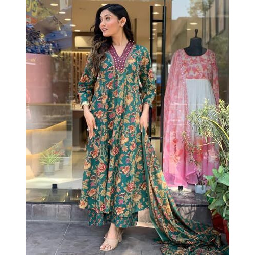 GoSriKi Women's Rayon Blend Anarkali Printed Kurta with Palazzo & Dupatta (CIA Green-GS_4XL_Green_XXXX-Large)
