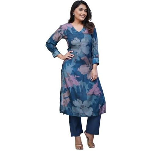 GoSriKi Women's Rayon Blend Straight Printed Kurta with Pant (KITIMAT Cerosin-GS_S_Blue_Small)