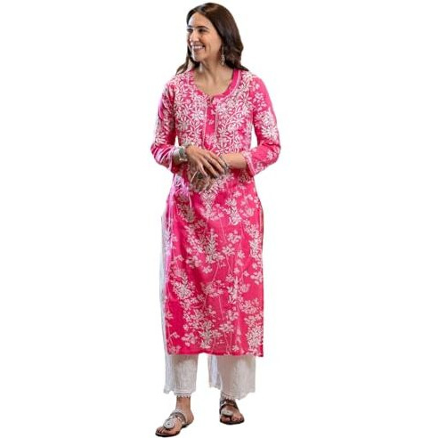 GoSriKi Women's Cotton Blend Chikankari Embroidered Straight Kurta (Zainab Pink-NW-GS_5XL_Pink_XXXXX-Large)