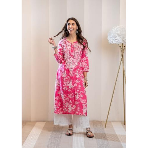 GoSriKi Women's Cotton Blend Chikankari Embroidered Straight Kurta (Zainab Pink-NW-GS_5XL_Pink_XXXXX-Large)