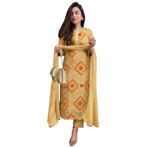 GoSriKi Women's Rayon Blend Straight Bandhej Printed Kurta with Pant & Dupatta (Turae Cream-GS_L_Cream_Large)