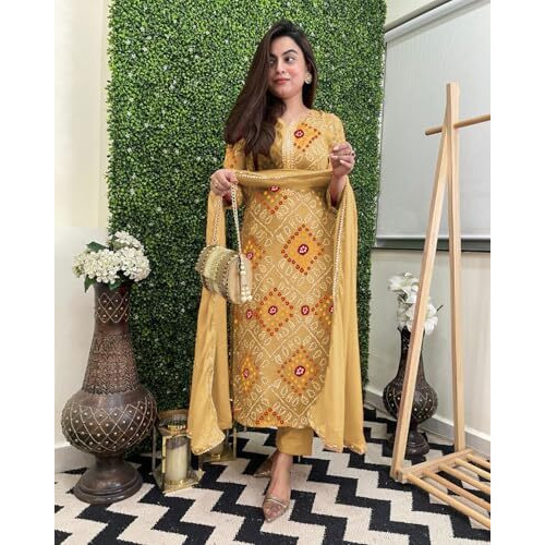 GoSriKi Women's Rayon Blend Straight Bandhej Printed Kurta with Pant & Dupatta (Turae Cream-GS_L_Cream_Large)