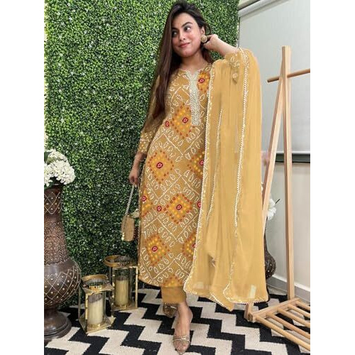 GoSriKi Women's Rayon Blend Straight Bandhej Printed Kurta with Pant & Dupatta (Turae Cream-GS_L_Cream_Large)