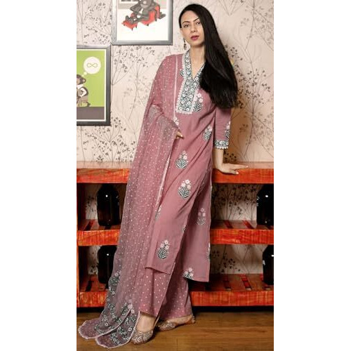 GoSriKi Women's Rayon Viscose Printed Straight Kurta with Pant & Dupatta (Belagavi Purple-VKS01-GS_3XL_Purple_XXX-Large)