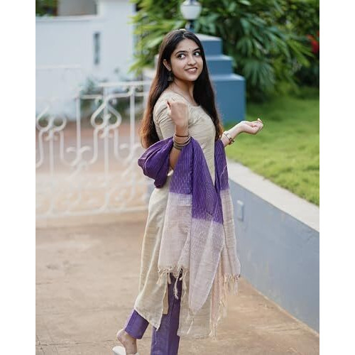 GoSriKi Women's Chanderi Straight Solid Kurta with Pant & Dupatta (GOJALA Beige-GS_L_Beige_Large)