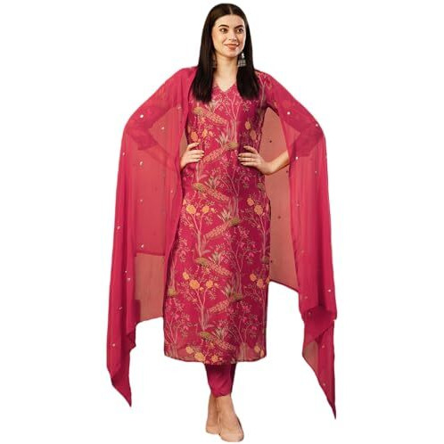 GoSriKi Women's Cotton Blend Straight Printed Kurta with Pant & Dupatta (SHOKO RED-NW-GS_XXL_Red_XX-Large)