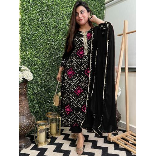 GoSriKi Women's Rayon Blend Straight Bandhej Printed Kurta with Pant & Dupatta (Turae Black-GS_3XL_Black_XXX-Large)