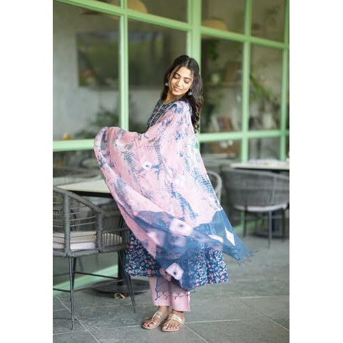 GoSriKi Women's Cotton Blend Anarkali Printed Kurta with Pant & Dupatta (NINA KEROCIN-GS_3XL_Blue_XXX-Large)