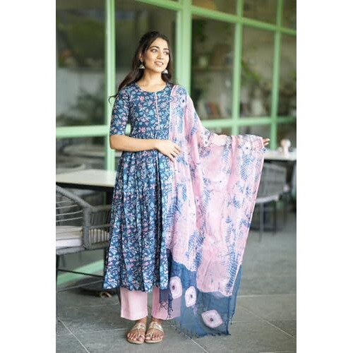 GoSriKi Women's Cotton Blend Anarkali Printed Kurta with Pant & Dupatta (NINA KEROCIN-GS_3XL_Blue_XXX-Large)