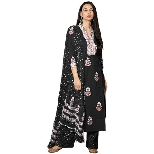 GoSriKi Women's Rayon Viscose Printed Straight Kurta with Pant & Dupatta (Belagavi Black-GS_XL_Black_X-Large)
