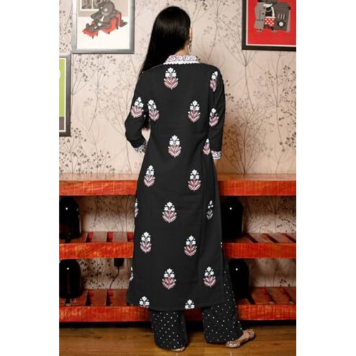 GoSriKi Women's Rayon Viscose Printed Straight Kurta with Pant & Dupatta (Belagavi Black-GS_XL_Black_X-Large)