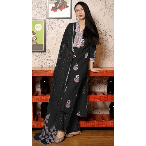 GoSriKi Women's Rayon Viscose Printed Straight Kurta with Pant & Dupatta (Belagavi Black-GS_XL_Black_X-Large)
