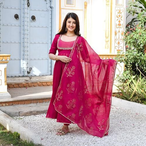 GoSriKi Women's Rayon Blend Anarkali Embroidered Kurta with Pant & Dupatta (APARNAA Pink-GS_5XL_Pink_XXXXX-Large)