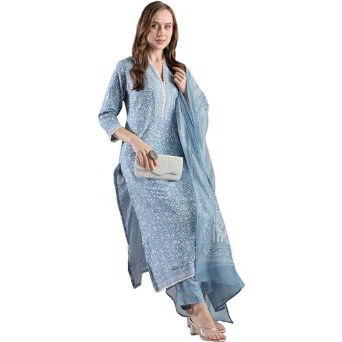 GoSriKi Women's Rayon Blend Straight Printed Kurta with Pant & Dupatta (SONEVA BLUE-VKS02-GS_XXL_Blue_XX-Large)