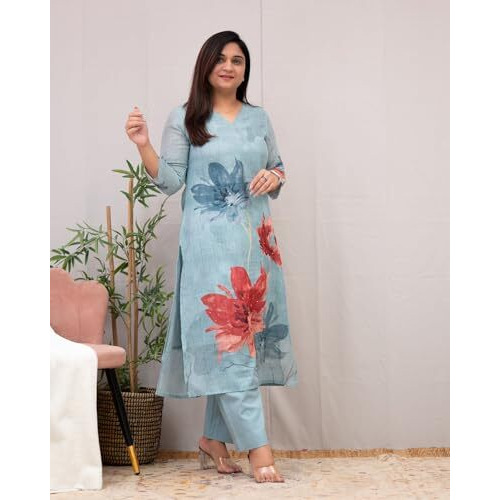 GoSriKi Women's Rayon Blend Straight Printed Kurta with Pant (Susan Sky-GS_5XL_Sky Blue_XXXXX-Large)