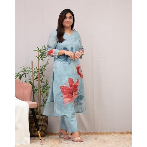 GoSriKi Women's Rayon Blend Straight Printed Kurta with Pant (Susan Sky-GS_5XL_Sky Blue_XXXXX-Large)