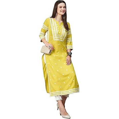 GoSriKi Women's Cotton Blend Chikankari Embroidered Straight Kurta (STHO-Yellow-GS_3XL_Yellow_XXX-Large)