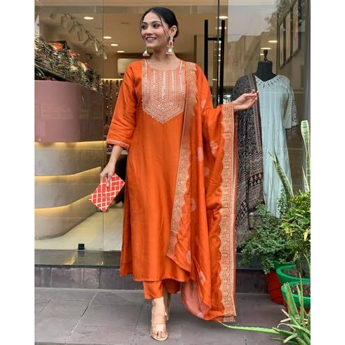 GoSriKi Women's Rayon Blend Embroidered Straight Kurta with Pant & Dupatta (PUNEETA Orange-GS_M_Orange_Medium)