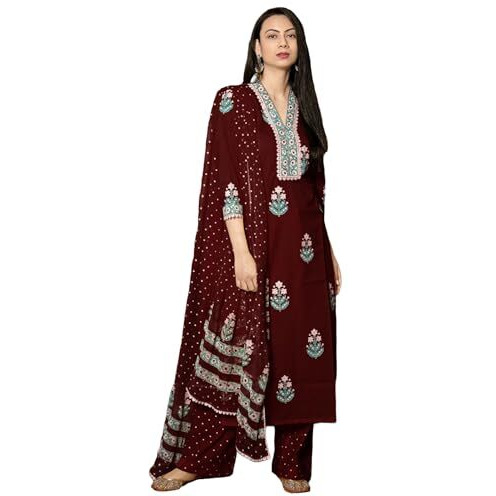 GoSriKi Women's Rayon Viscose Printed Straight Kurta with Pant & Dupatta (Belagavi Wine-GS_S_Wine_Small)