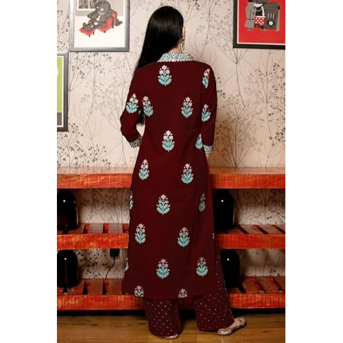 GoSriKi Women's Rayon Viscose Printed Straight Kurta with Pant & Dupatta (Belagavi Wine-GS_S_Wine_Small)