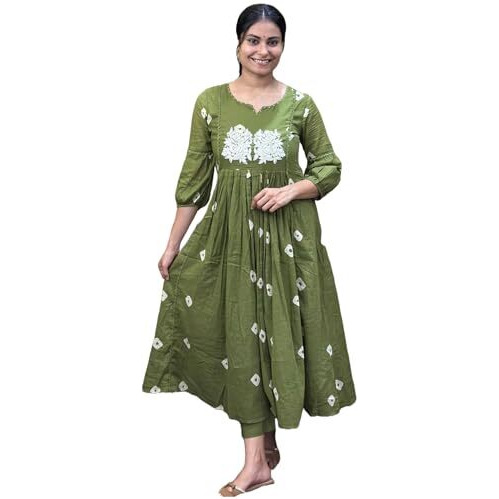 GoSriKi Women's Rayon Blend Anarkali Printed Kurta with Pant (ANVESHI Methi-GS_3XL_Green_XXX-Large)