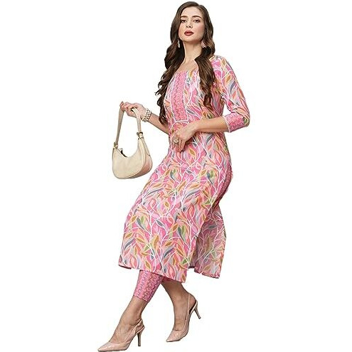 GoSriKi Women's Cotton Blend Floral Straight Kurta with Pant (Pahal-GS_Pink_M)