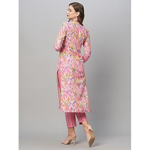 GoSriKi Women's Cotton Blend Floral Straight Kurta with Pant (Pahal-GS_Pink_M)