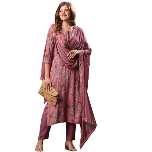 GoSriKi Women's Rayon Blend Printed Straight Kurta with Pant & Dupatta (VICE Peach-VKS02-GS_L_Peach_Large)