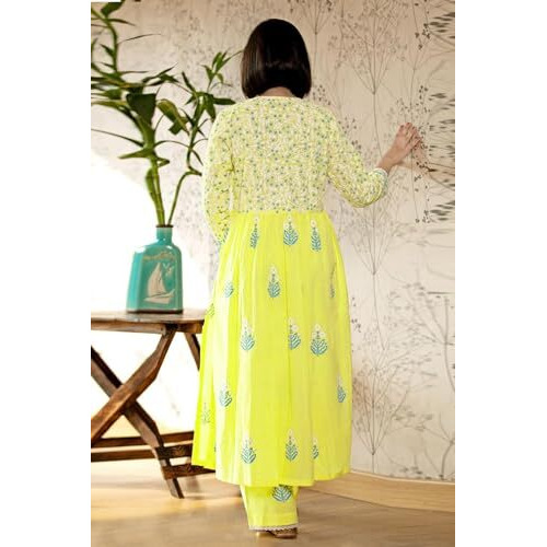 GoSriKi Women's Rayon Blend Anarkali Printed Kurta with Pant & Dupatta (Renu-Yellow-NW-GS_L_Yellow_Large)