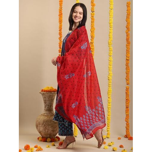 GoSriKi Women's Rayon Blend Straight Printed Kurta with Pant & Dupatta (MASUMI BLUE-VKS01-GS_5XL_Blue_XXXXX-Large)