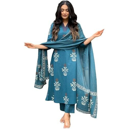 GoSriKi Women's Rayon Blend Straight Printed Kurta with Pant & Dupatta (Jimny Blue-GS_XXL_Blue_XX-Large)