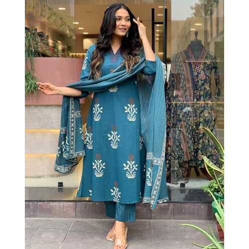 GoSriKi Women's Rayon Blend Straight Printed Kurta with Pant & Dupatta (Jimny Blue-GS_XXL_Blue_XX-Large)